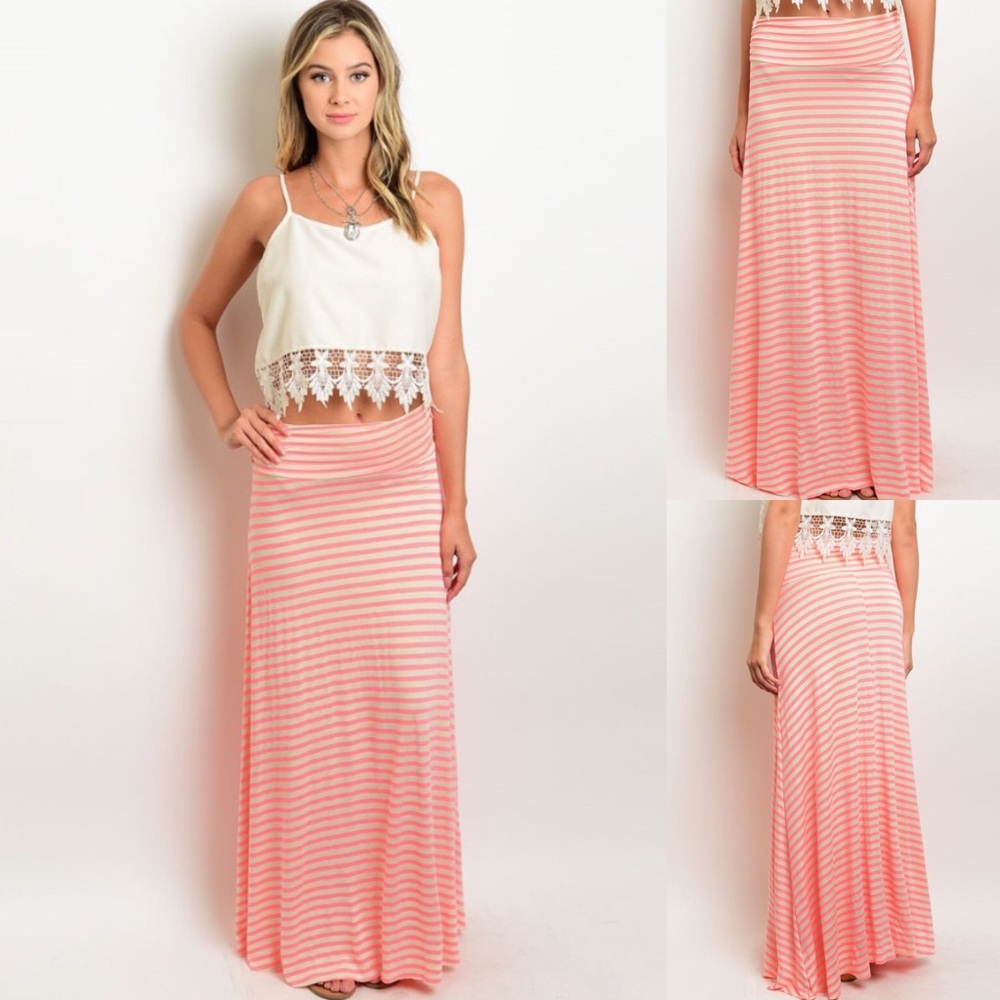 🎉CLEARANCE🎉 Neon Pink & Tan Striped Maxi Skirt